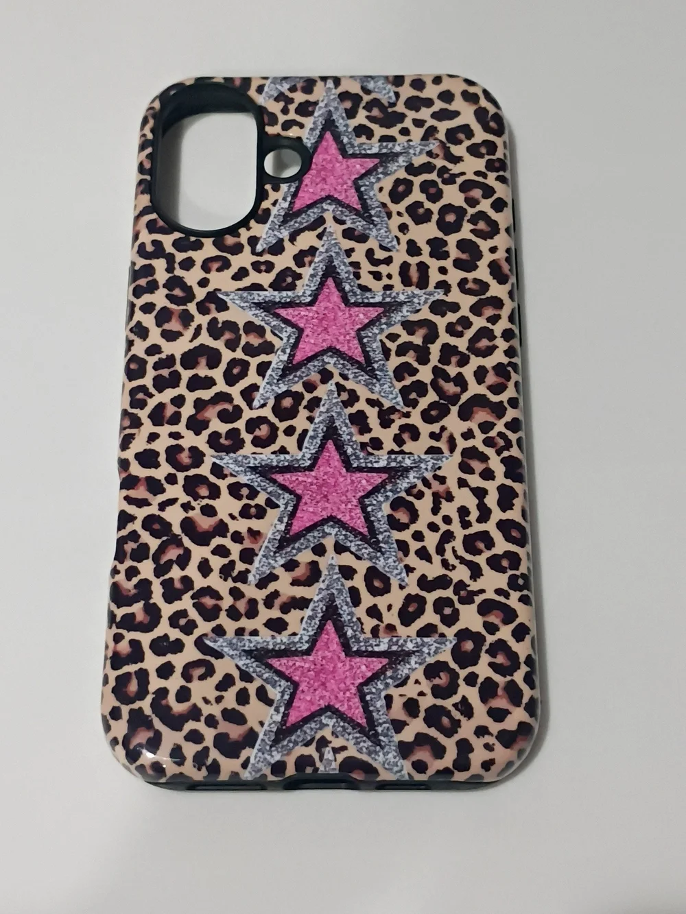 Leopard Print IPhone 16 Plus Case with Pink Stars